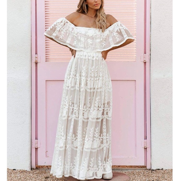 ✦Off Shoulder White Lace Embroidered Maxi Dress✦ - Picture 2 of 7